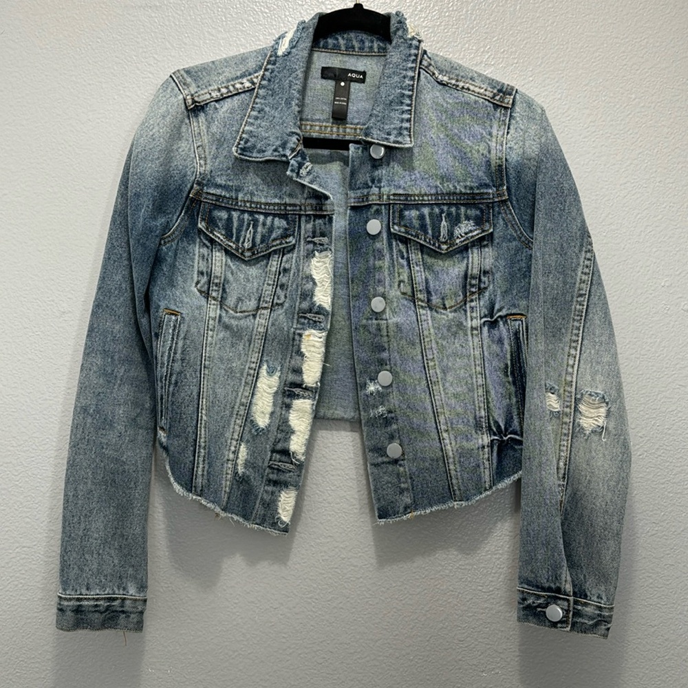 Aqua Cropped + Distressed Jean Jacket